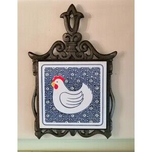 Vintage 2 Cast Iron Framed Tile Rooster & Lamb Trivet Blue Cottage